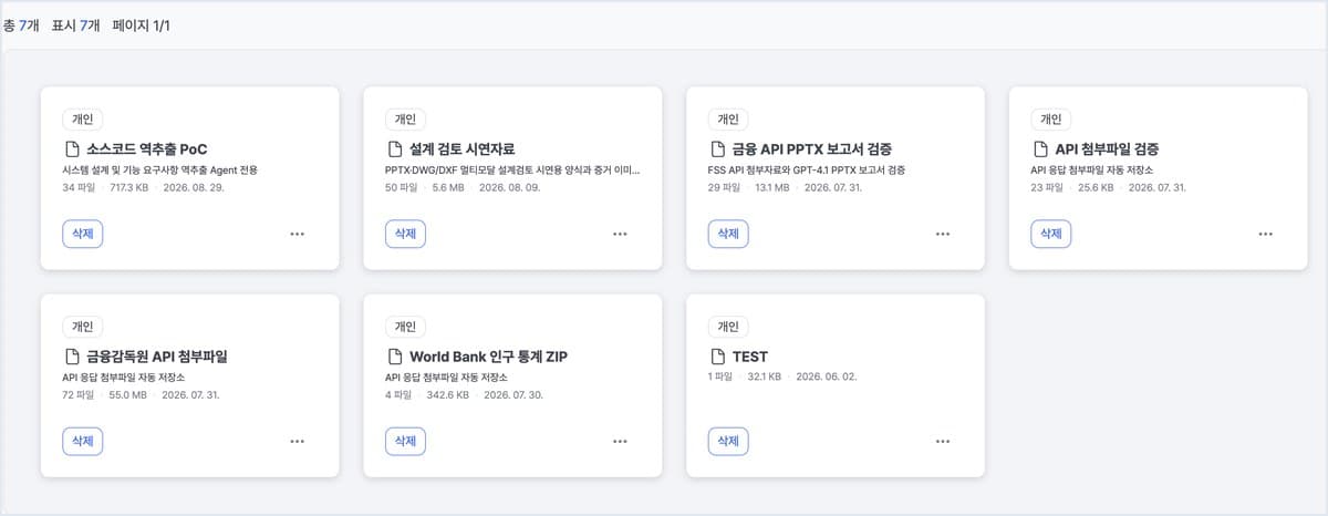 [지식 관리 > 파일 클라우드] 저장소마다 파일 수·용량·만든 날짜가 카드로 정리됩니다. 여기에 올린 것을 커넥터로 내 컴퓨터에서도 씁니다. (개발 환경 화면)