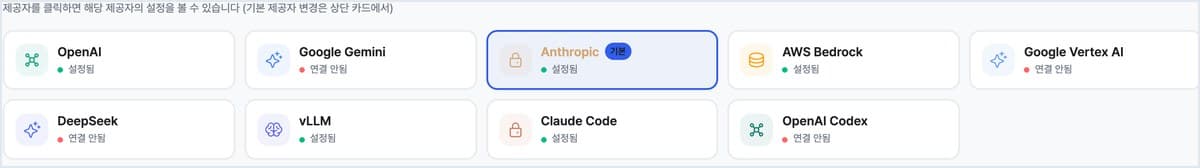 [관리 설정 > 환경 설정 > LLM] 쓸 수 있는 제공자가 아홉으로 늘었습니다. OpenAI·Gemini · Anthropic · AWS Bedrock · Vertex AI · DeepSeek · vLLM · Claude Code · Codex. (개발 환경 화면)