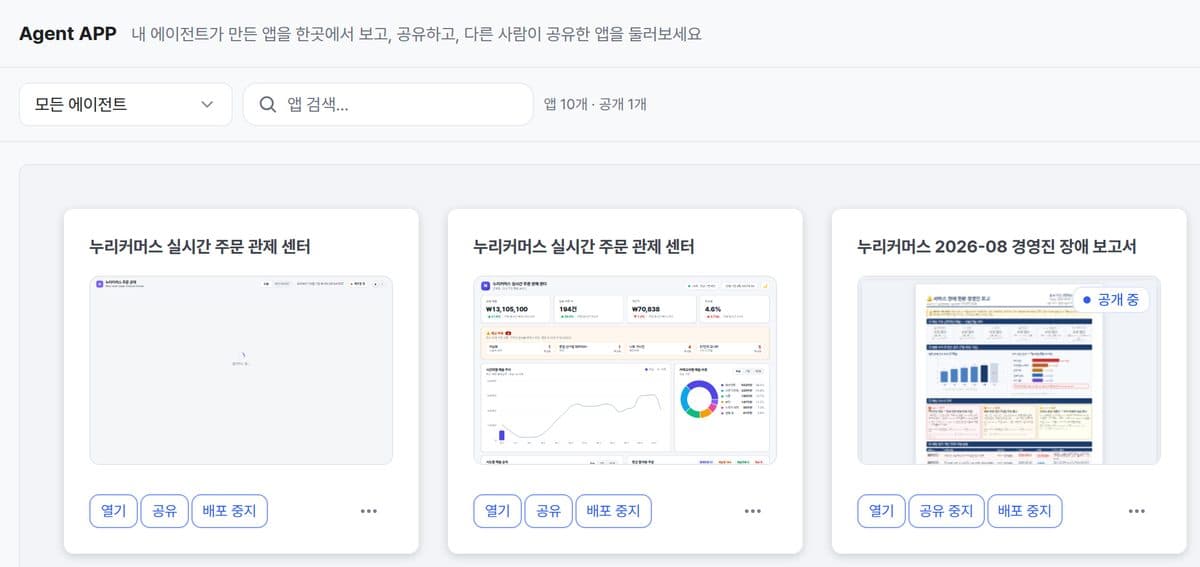 [Agent 도구 > Agent APP] 에이전트가 만든 앱이 카드로 모입니다. 카드에서 바로 열고, 공유하고, 배포를 멈춥니다. 가상 데이터로 만든 앱들입니다. (개발 환경 화면)