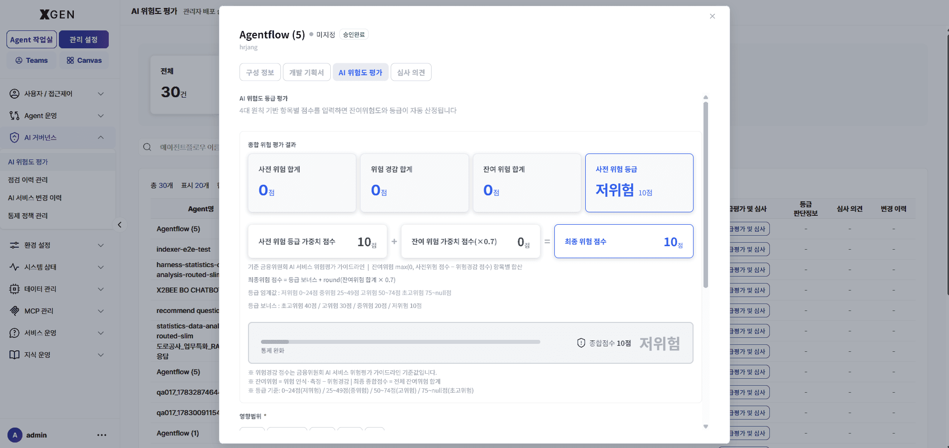 XGEN AI 위험도 등급 평가 — 요청·응답의 위험도를 등급으로 분류·통제하는 AI 거버넌스 화면